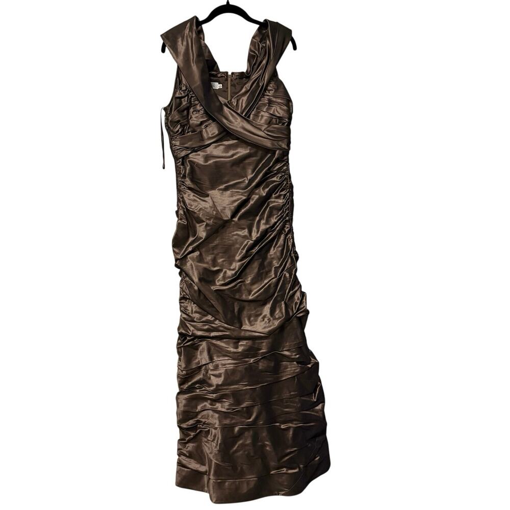 Rickie Freeman Teri Jon 100% Silk Bronze Metallic Ruched Maxi Gown Dress Size 16